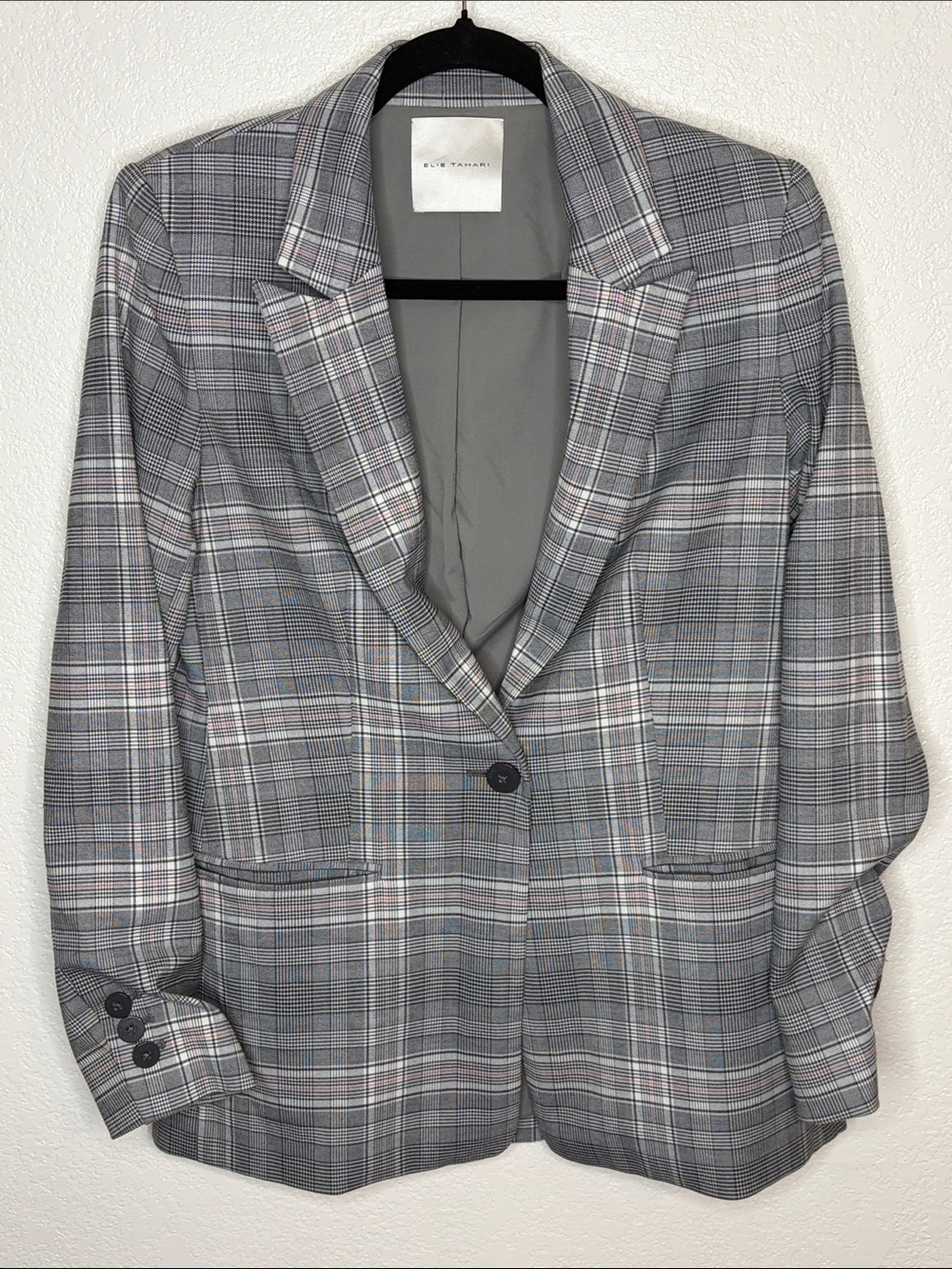 Elie Tahari Gray with Red Stripe Micro Houndstooth Plaid Blazer Size 8